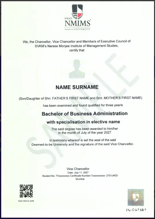 NMIMS Online BBA degree certificate