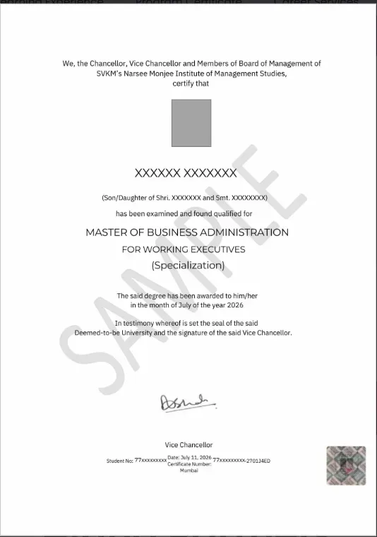 NMIMS Online EMBA (MBA WX) degree certificate