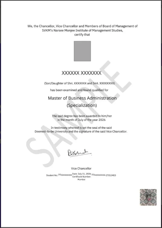 NMIMS Online MBA degree certificate